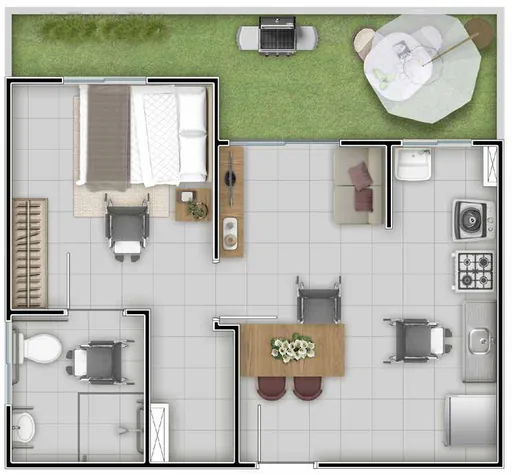 Planta baixa 3d unidade com jardim