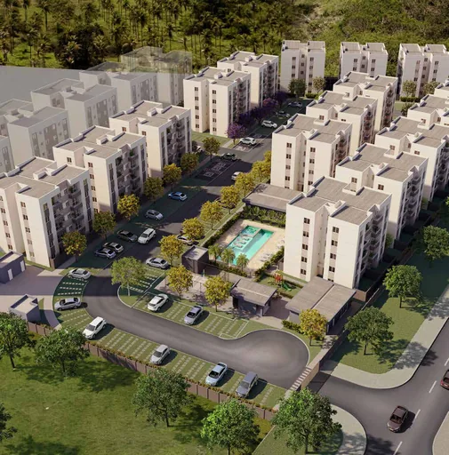 Render aereo condominio completo piscina blocos