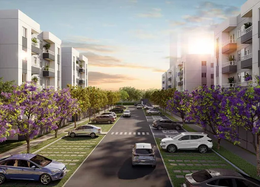 Render fachada condominio rua interna arborizada