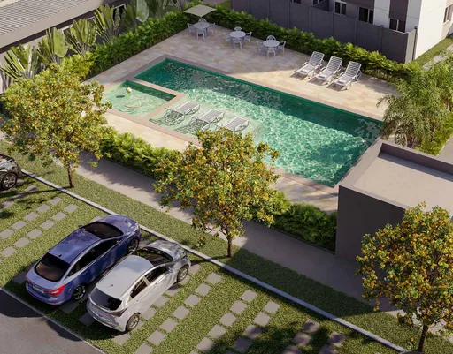 Render piscina area lazer estacionamento