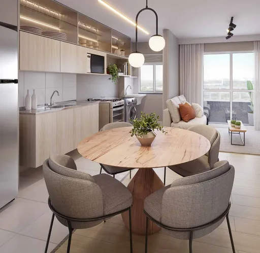 Render sala jantar cozinha integrada apartamento