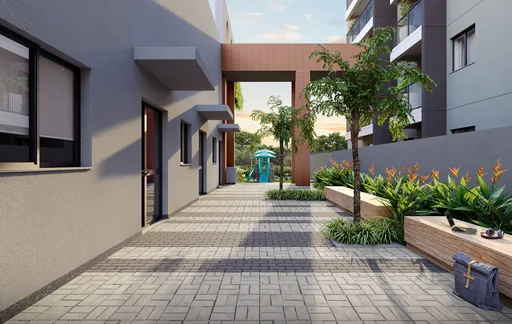Area comum corredor jardim playground render