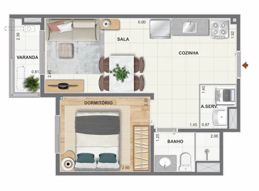 Planta apartamento 1 dormitorio varanda