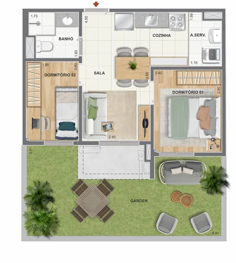 Planta apartamento 2 dormitorios garden