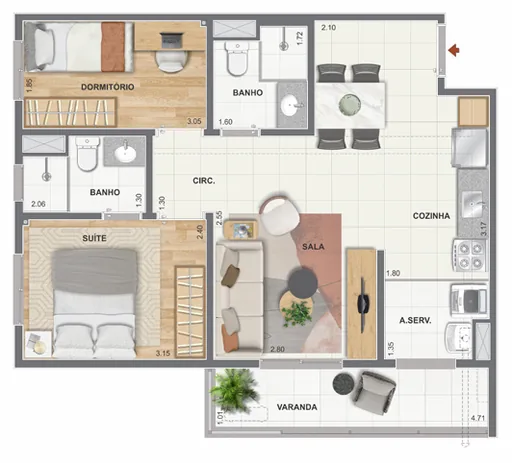 Planta apartamento 2 dormitorios suite varanda