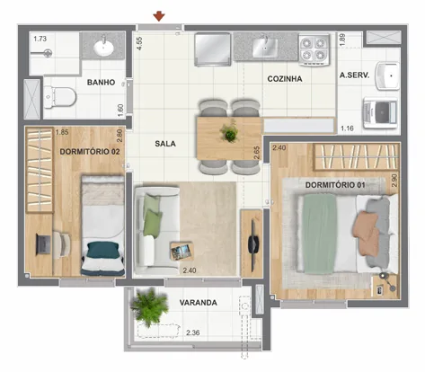 Planta apartamento dois dormitorios