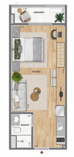 Planta studio com varanda e banho