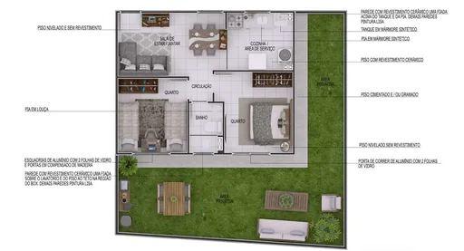 Planta baixa 2quartos area privativa especificacoes