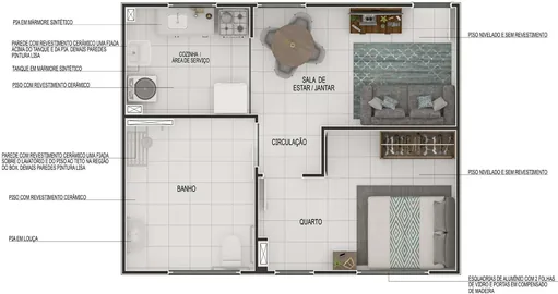 Planta baixa apartamento 1 quarto especificacoes