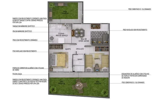 Planta baixa apartamento 2 quartos area privativa
