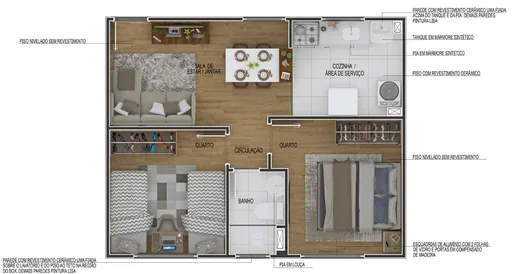 Planta baixa apartamento 2 quartos renderizada
