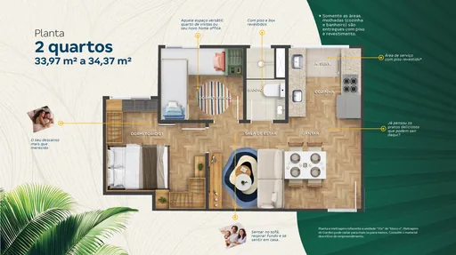 Planta 2quartos 33 a 34m2