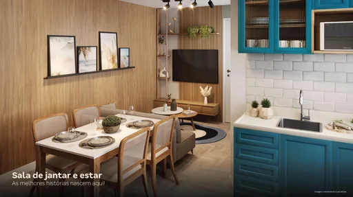 Sala jantar estar cozinha render ilustrativo