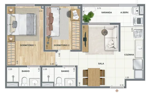 Planta 2 dormitorios sala cozinha varanda