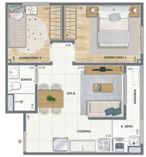 Planta apartamento 2 dormitorios com varanda 2