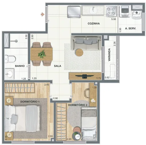 Planta apartamento 2 dormitorios sala cozinha