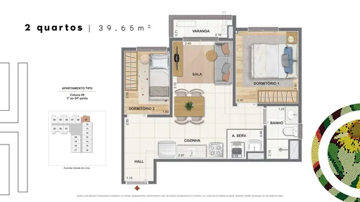 Planta apartamento 2quartos 39m2 coluna09