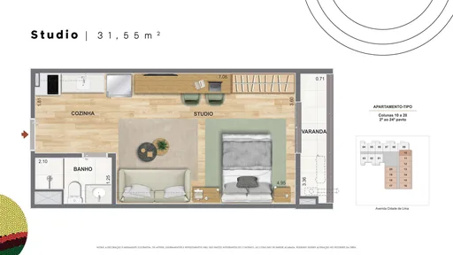Planta studio 31m2 apartamento tipo