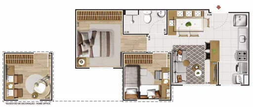 Planta apartamento dois quartos home office 2