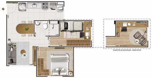 Planta apartamento dois quartos home office 3