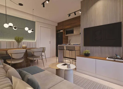 Render sala estar jantar cozinha integrada