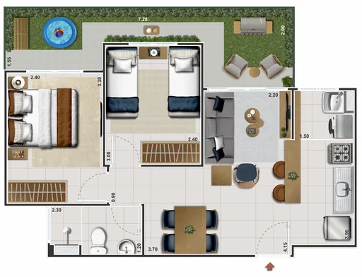 Planta baixa apartamento 2 quartos com jardim