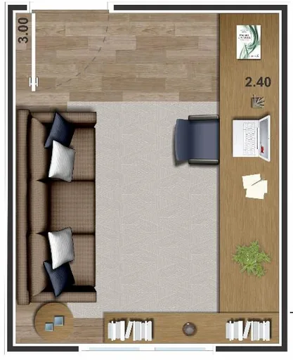 Planta sala estar home office mobiliada