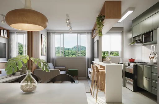 Render sala cozinha integrada vista verde