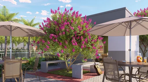 Area lazer externa render jardim sombreiros