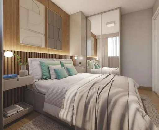 Render quarto casal guarda roupa espelhado