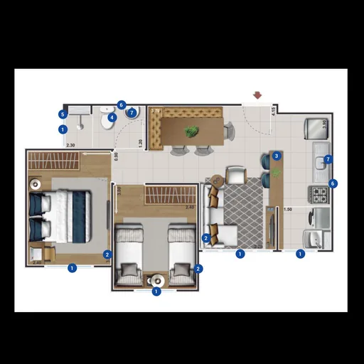 Planta apartamento dois quartos com mobiliario