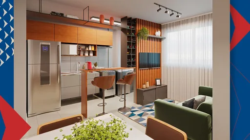 Render sala cozinha integrada apartamento