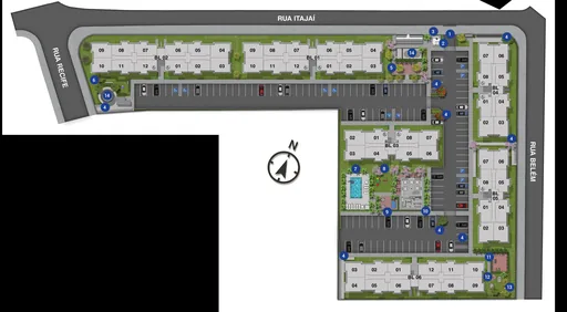Implantacao condominio blocos amenidades