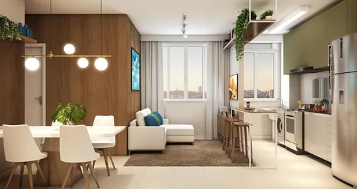 Render sala cozinha integrada apartamento