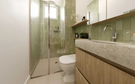 Banheiro render azulejo verde bancada madeira
