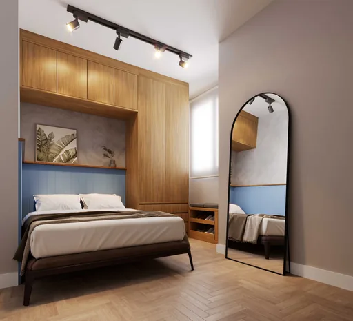 Quarto dormitorio render armario madeira