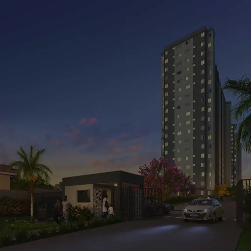 Render fachada entrada condominio noturno