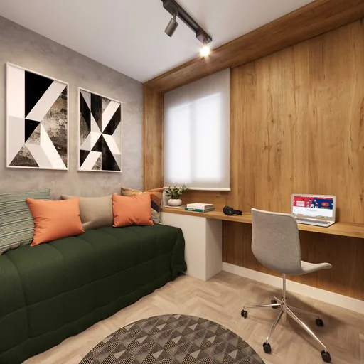 Render quarto home office decorado