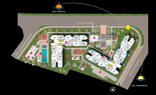 Implantacao blocos amenidades orientacao solar