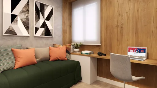 Quarto home office render sofa escrivaninha