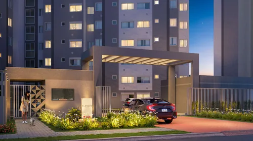 Render fachada entrada condominio noturno