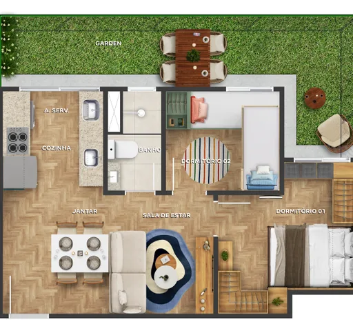 Planta apartamento 2 dormitorios garden