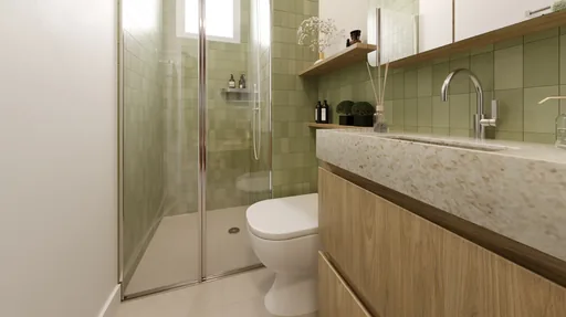 Render banheiro revestimento verde bancada marmore