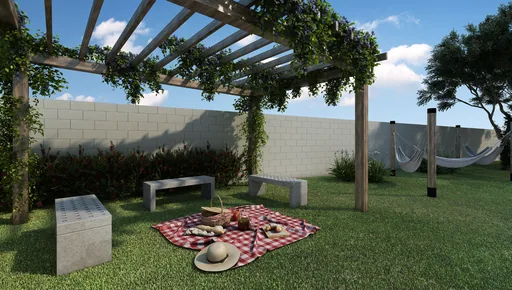 Area lazer pergolado piquenique rede