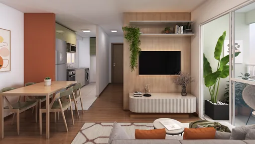 Render sala jantar cozinha apartamento