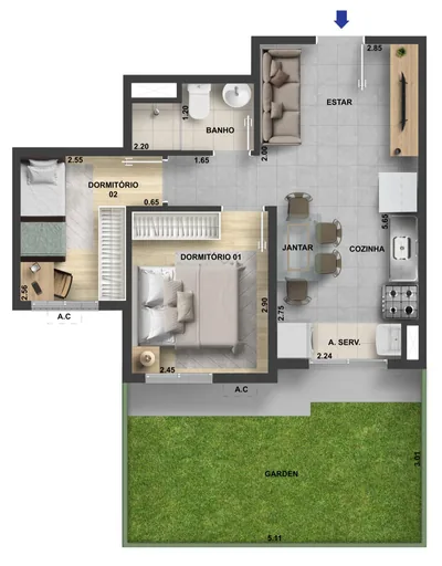 Planta apartamento 2 dormitorios garden