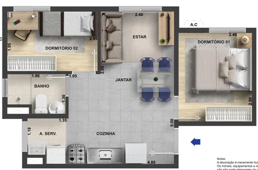 Planta baixa apartamento 2 dormitorios