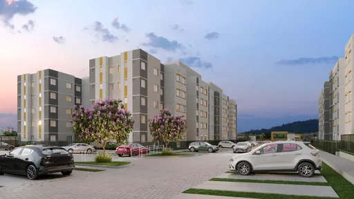 Render fachada condominio estacionamento entardecer