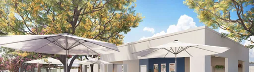 Area externa ombrelones render empreendimento