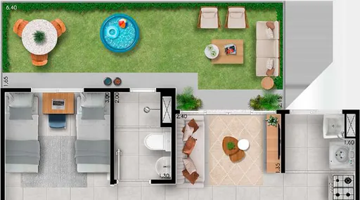 Planta unidade com area externa piscina